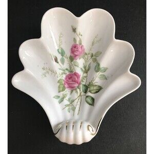 Vintage Mitterteich Porcelain Shell Dish Pink Roses Gold Trim Trinket Candy Dish